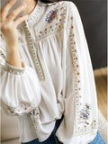 Women's Comfy Stand Collar Long Sleeve Print Boho Shirt