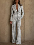 Women's Vintage Marble Print 2 Piece Blazer and Wide Leg Pants Set