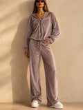 Women Hooded Tracksuit Zip Up Top Wide Leg Pants Set