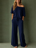 Women 2 Piece Off Shoulder High Waist Wide Leg Lounge Set