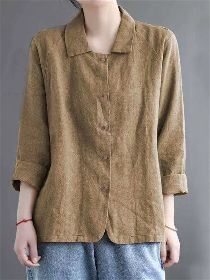 Women's Retro Casual Solid Color Button Up Lapel Cardigan Shirts
