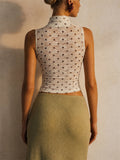Women Sleeveless Polka Dot Lace Ruffle Mock Neck Top
