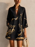 Women V Neck Boho Abstract Print Resort Lace Trim Mini Dress