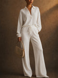Women Casual Pleated 2 Piece Button Down Shirt and Wide Leg Pants Set