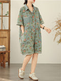 Women's Floral Print Pockets Overall Short Sleeve Denim Jumpsuits