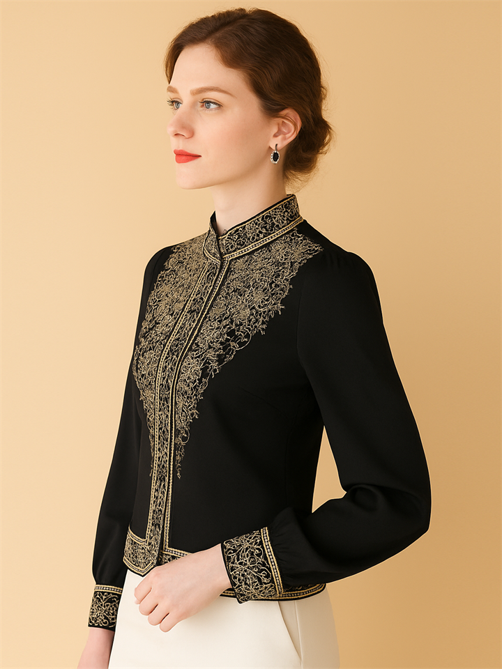 Women's Elegant Hollow Heavy Industry Embroidered Stand Collar Shirts