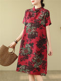 Women's Retro Flowers Print Red  A-Line Cheongsam Dress