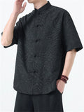 Men's Chinese Style Jacquard Loose Stand Collar Summer Short Sleeve Shirts