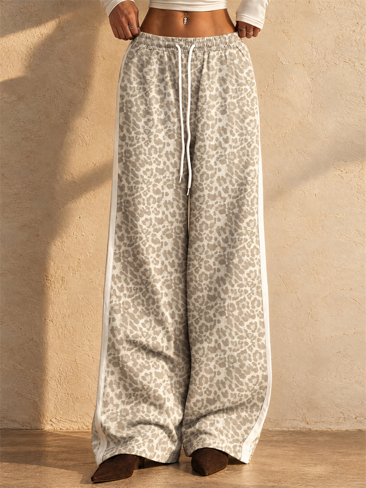 Women Leopard Print Wide Leg Pants Drawstring Side Stripe Trousers