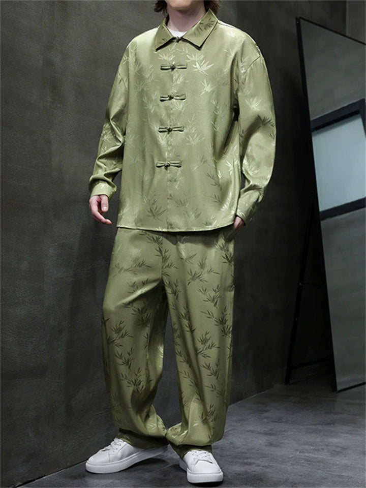Oriental Leaf Pattern Lapel Shirt and Loose Elastic Waist Pants Set for Men