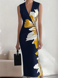 Women's Summer Elegant Flowers Printed V Neck Sleeveless Dress