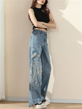 Women's High Waist Peacock Embroidery Denim Pants