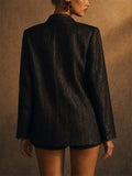 Women Black Crinkle Textured Double Breasted Blazer Jacket