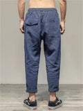 Men's Retro Ramine Solid Color Drawstring Straight Cropped Pants