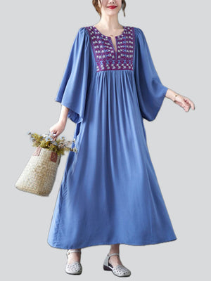 Ethnic Style V Neck Embroidery Ruffle Dress for Women