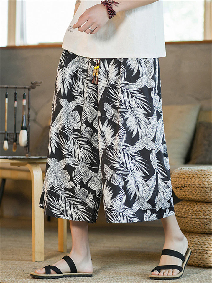 Men's Casual Plants Print Drawstring Beach Capri Pants
