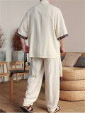 Chinese Ethnic Style Button Linen Tops and Wide Leg Pants Set for Men