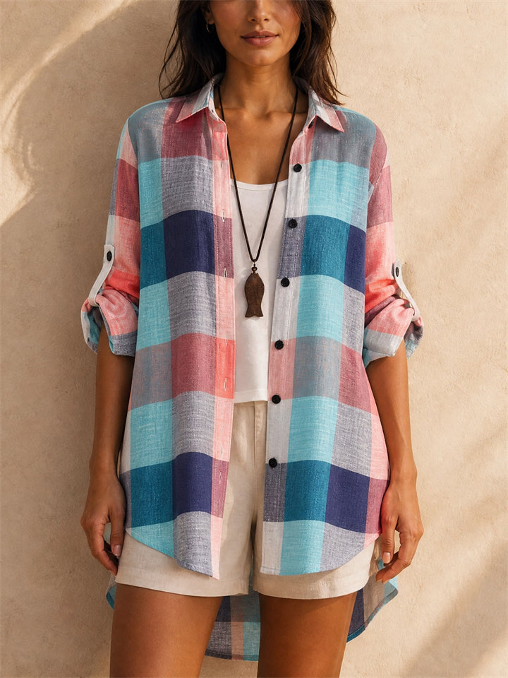 Women Buffalo Plaid Shirt Roll Tab Sleeve Long Tunic Blouse