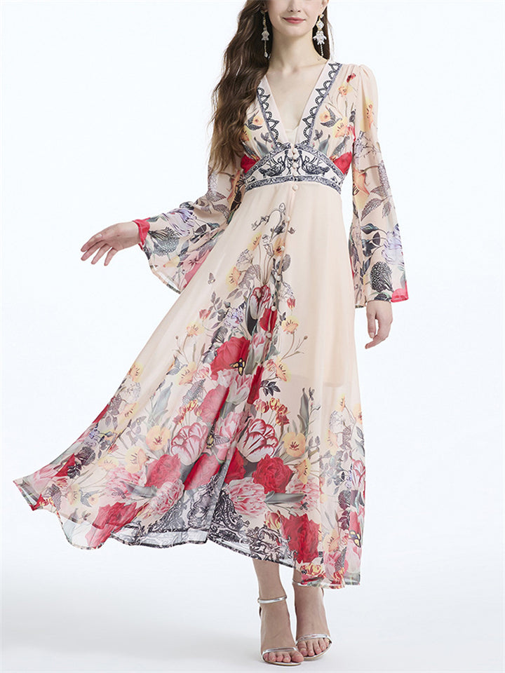 Women's Holiday Style V Neck Flare Sleeve Maxi Dress