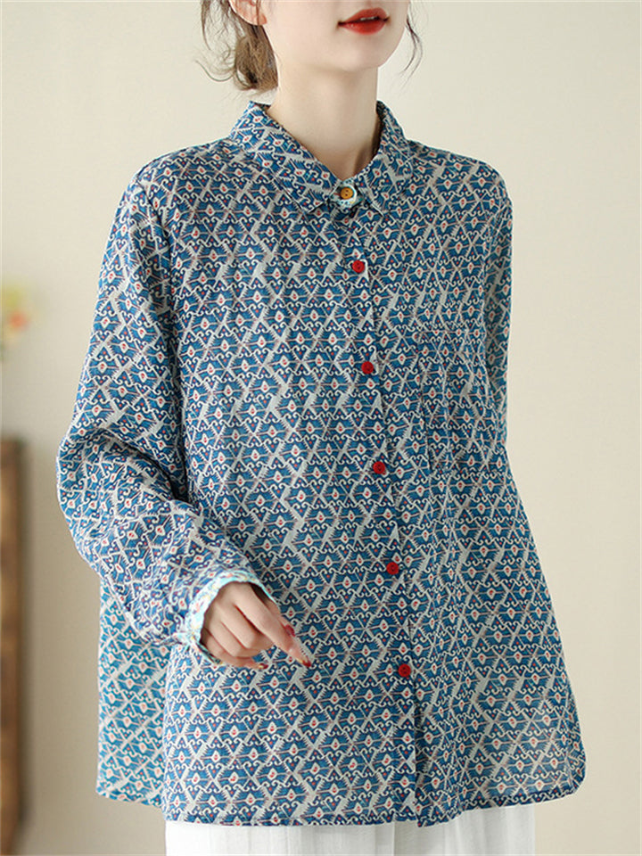 Women's Retro Print Lapel Long Sleeve Shirts