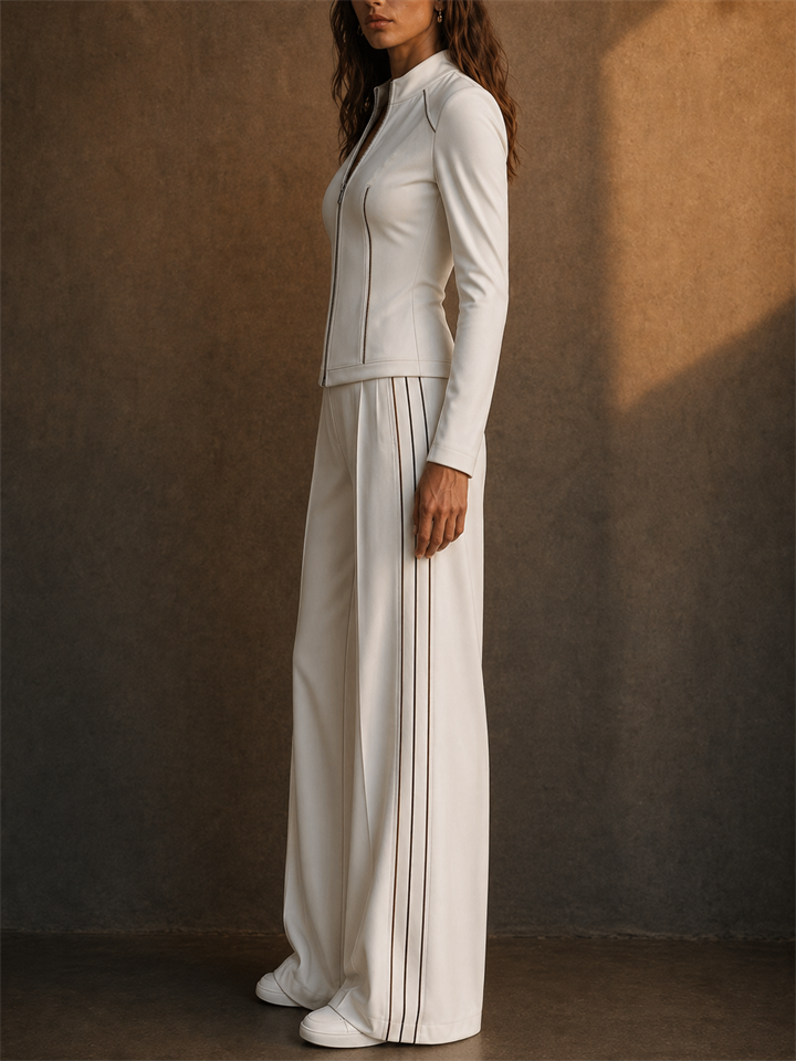 Women's White Contrast Trim 2 Piece Zip Slim Jacket and Wide Leg Tracksuit