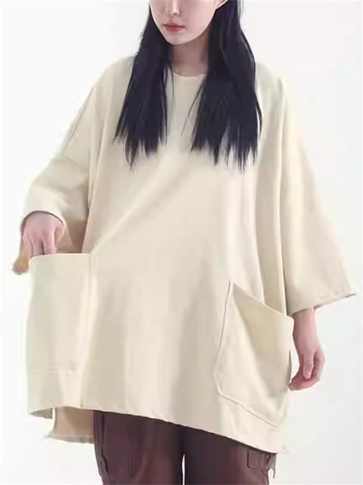 Unisex Loose Cotton Short BatWing Sleeve T-Shirt with Pockets