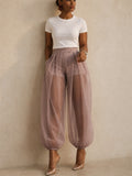 Women High Waist Sheer Mesh Lantern Pants Pleated with Shorts
