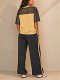 Women Color Block Mesh Patchwork T Shirt and Wide Leg Pants Set