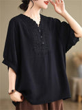 Women's Solid Color Embroidery V Neck Comfy Short Sleeve Shirt