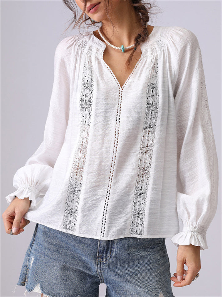 Women's French Style White V-Neck Puffed Sleeve Shirt