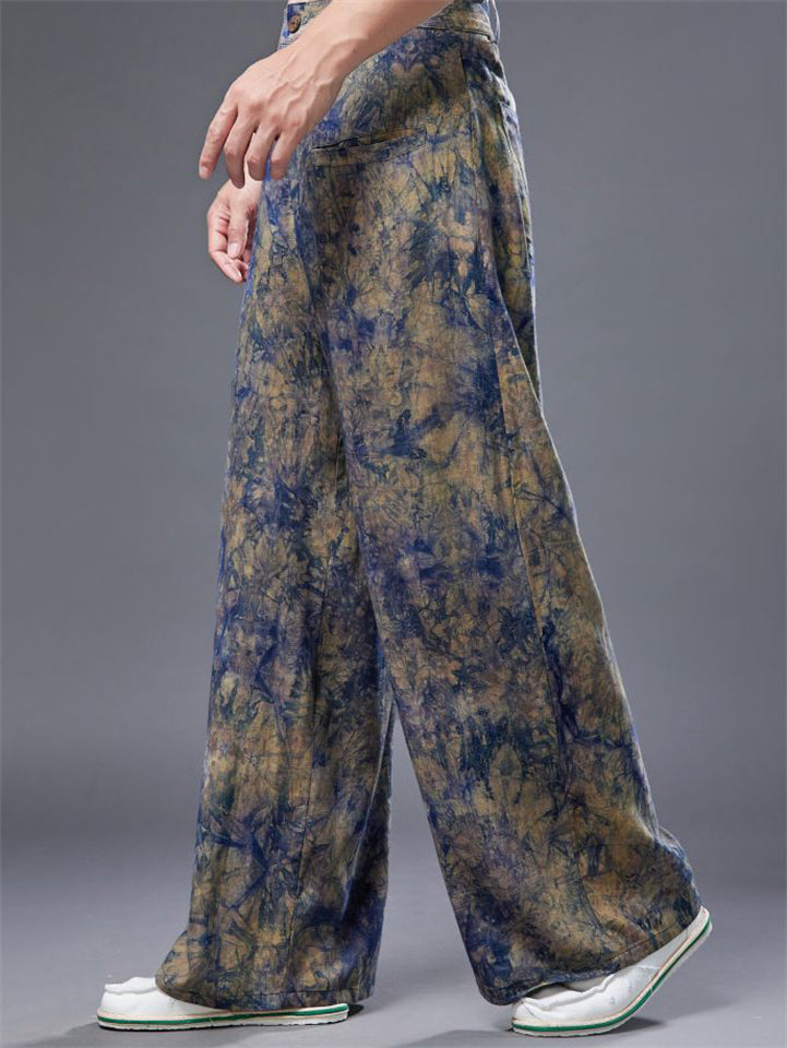 Loose Men's Chinese Style Zhua-Ran Linen Wide Leg Straight Pants