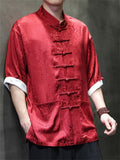 Men's Chinese Style Jacquard Short Sleeve Shirt with Stand Collar