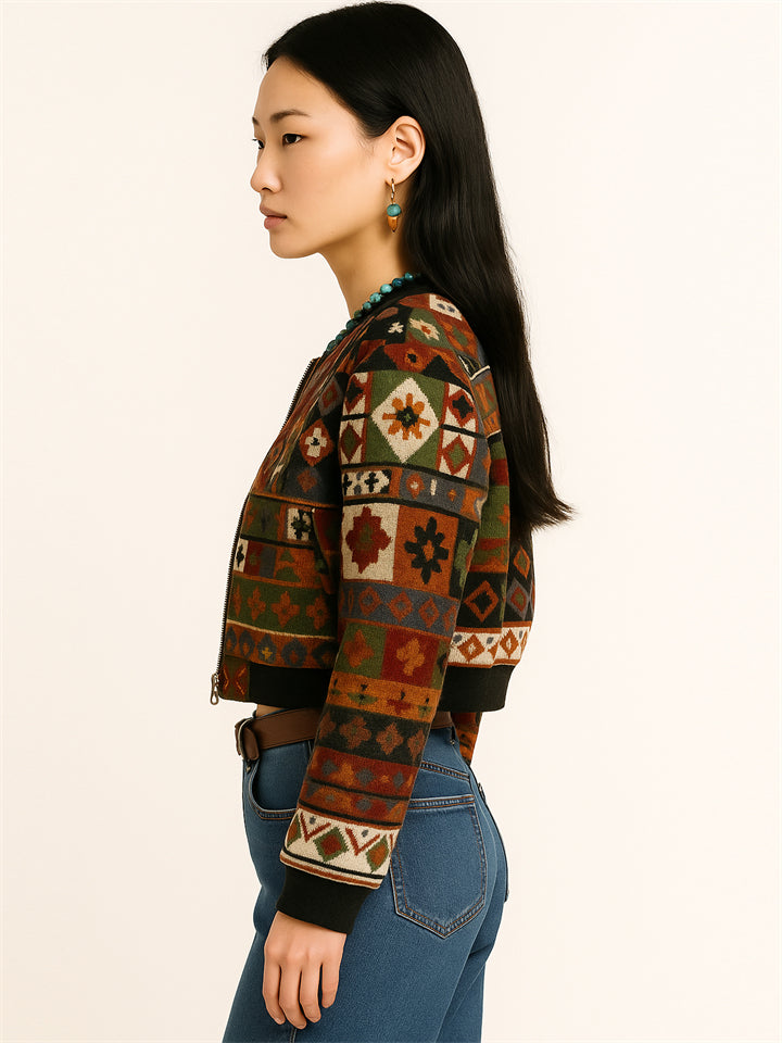 Vintage Ethnic Style Jacquard Knit Round Neck Crop Length Jackets