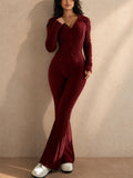 Women Ribbed Knit 2 Piece Set Zip Up Top Flare Pants Tracksuit