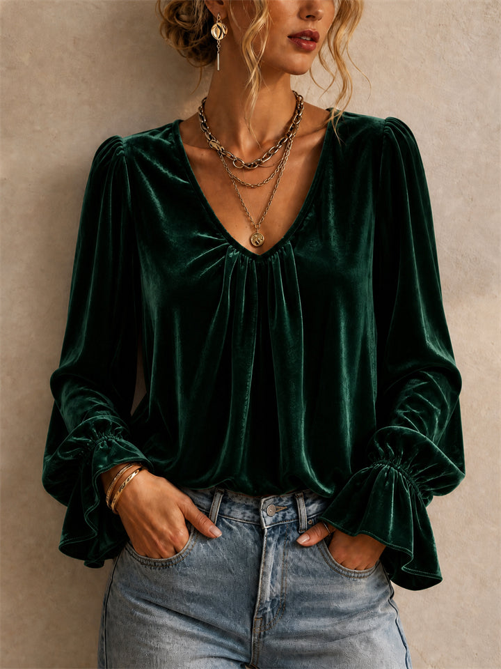 Womens Elegant Velvet V Neck Ruffle Flare Sleeve Blouse