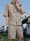 Men's Summer Chinese Zen Style Stand Collar Short Sleeve Suit Set with Leaves Print