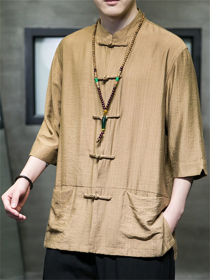 Men's Summer Chinese Style Cool Solid Color Half Sleeve Tang Suit Shirts