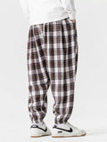 Men's Japanese Style Retro Loose Fit Elastic Waist Checkered Joggers Pants