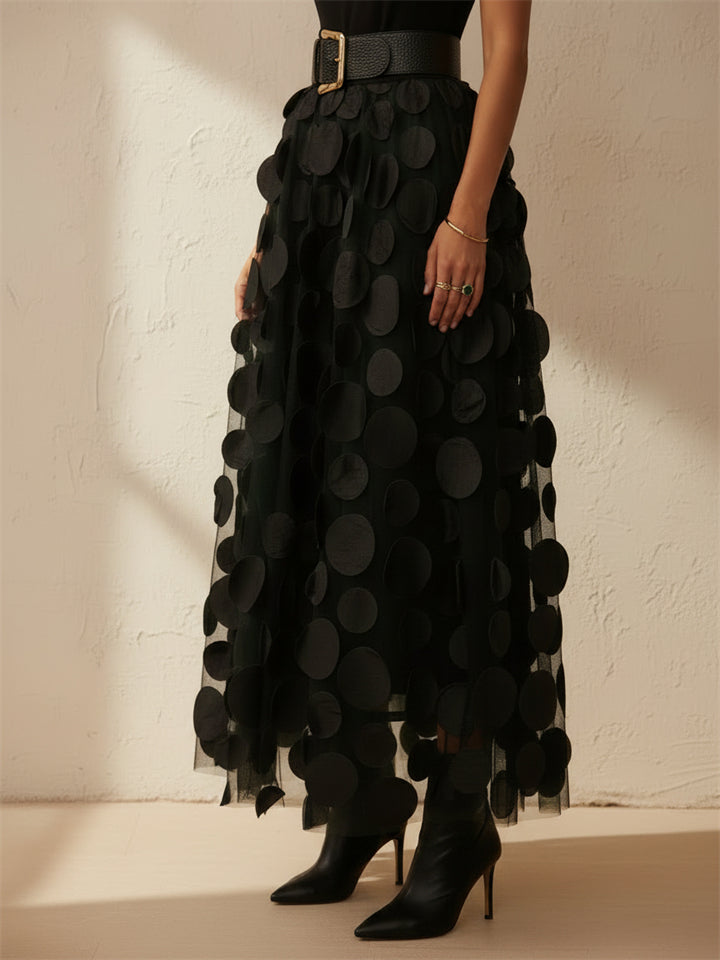 Women High Waist 3D Polka Dot Tulle Mesh Party Maxi Skirt