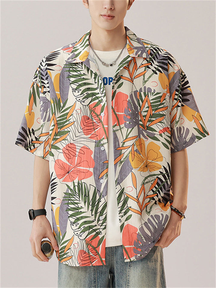 Men's Holiday Style Leaves Print Lapel Short Sleeve Beach Shirt