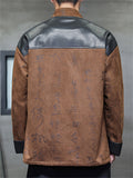 Men's Chinese Style PU Leather Suede Patchwork Tangsuit Jacket with Calligraphy Print