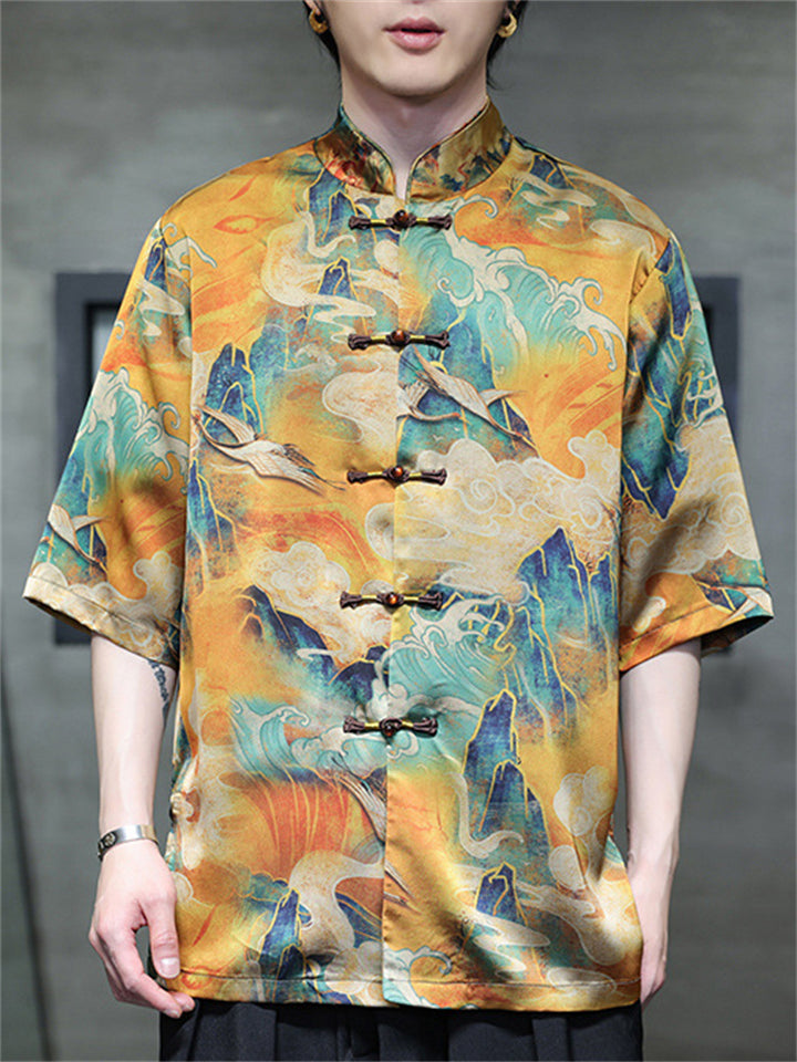 Men's Cool Chinese Style Print Stand Collar Tang Suit Shirts