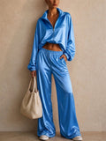 Women 2pcs Trendy Shiny Zip Up Top Wide Leg Pants Tracksuit Set
