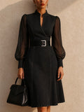 Women Sheer Mesh Puff Sleeve Belted Denim Midi Dress
