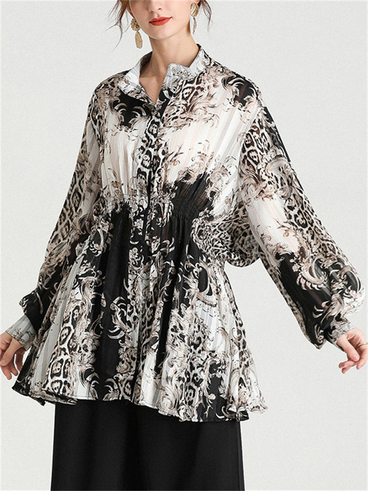 Lady Button Up Lantern Sleeve Printed Satiny Shirts