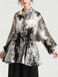 Lady Button Up Lantern Sleeve Printed Satiny Shirts