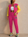 Women Varsity Jacket Set Color Block Letter Patch 2 Piece Outfit