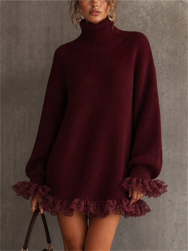 Women Oversized Turtleneck Sweater Dress with Lace Trim
