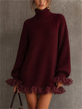 Women Oversized Turtleneck Sweater Dress with Lace Trim