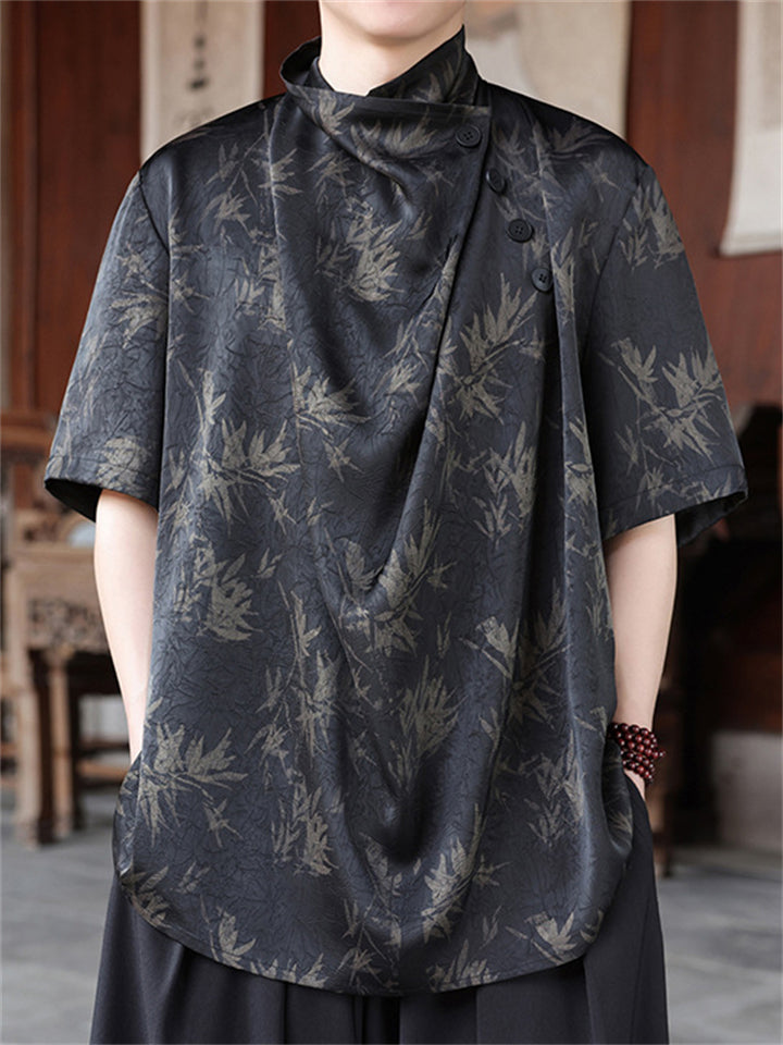 Men's Summer Black Cool Leaves Print Turtleneck Pile Collar Shirt